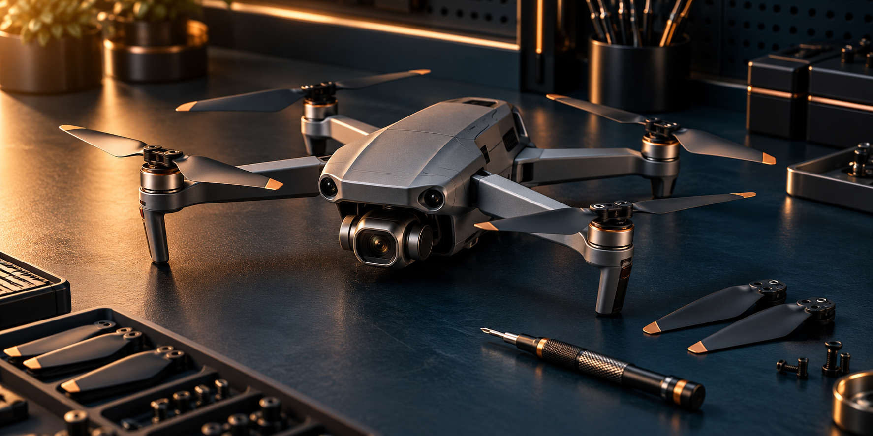 Ilustração de drone com câmera e ferramentas de precisão em bancada técnica