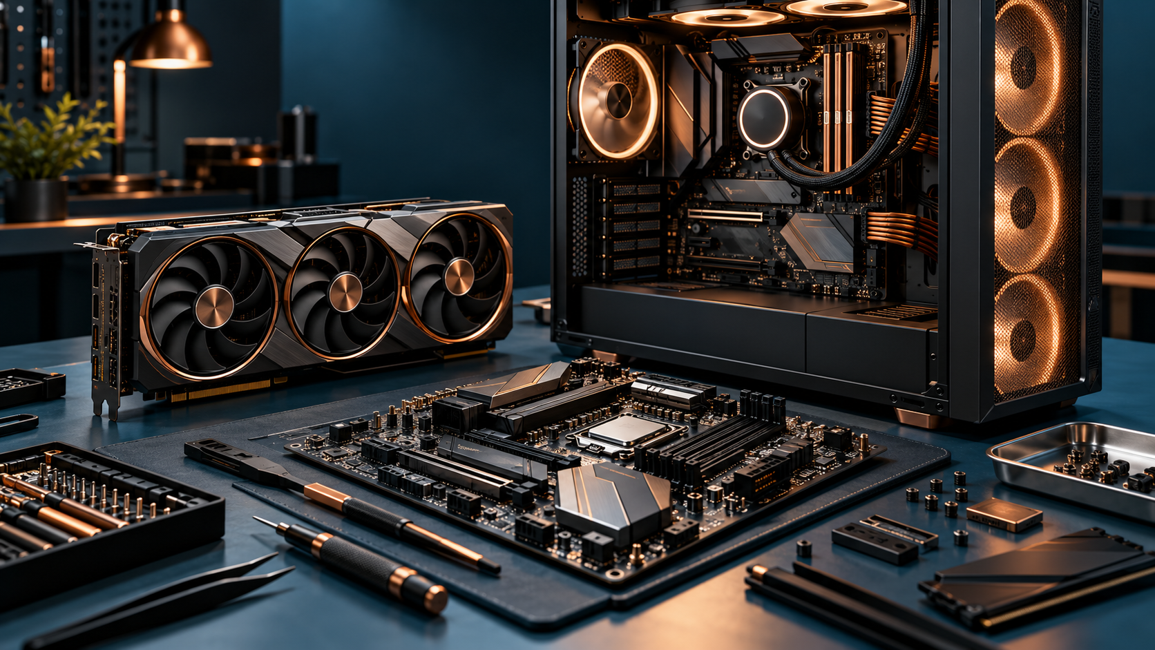 Ilustração de computador gamer, placa-mãe e placa de vídeo em bancada técnica